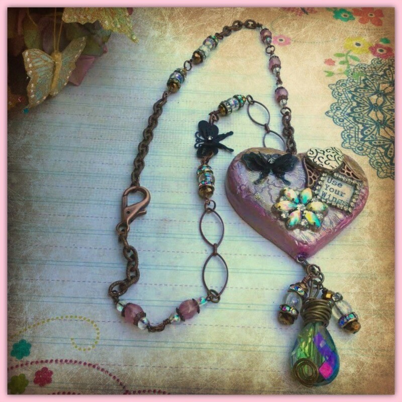 "Use Your Wings" Clay Heart Metal Embellishments Artisan Necklace