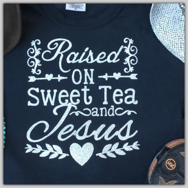 "Raised on Sweet Tea and Jesus" long sleeve Comfort Colorsᵀᴹ BLACK tee with SILVER GLITTER - Sold by The Horse Mafia