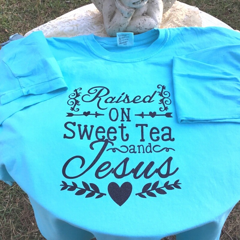 Raised on Sweet Tea and Jesus LONG sleeve Comfort Colors Tee - LAGOON BLUE with BLACK GLITTER print