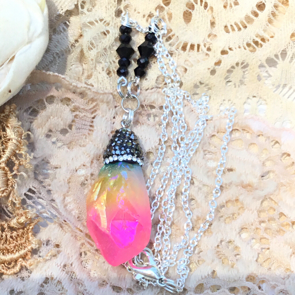 Wrapped In Faith rainbow quartz stone wrapped in rhinestones NECKLACE-Limited edition