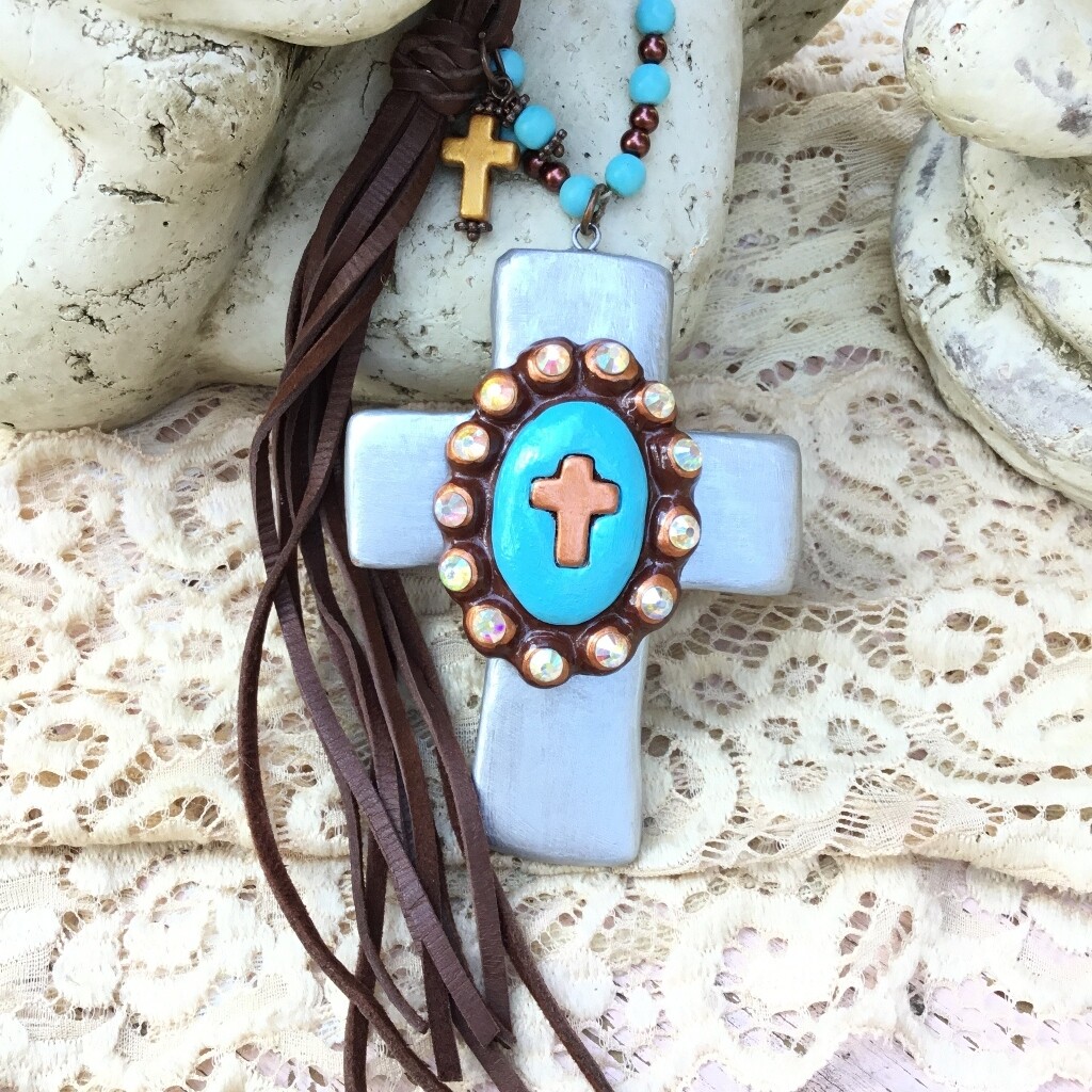 Leap of Faith Necklace - handcrafted clay cross on handcrafted leather and bead chain