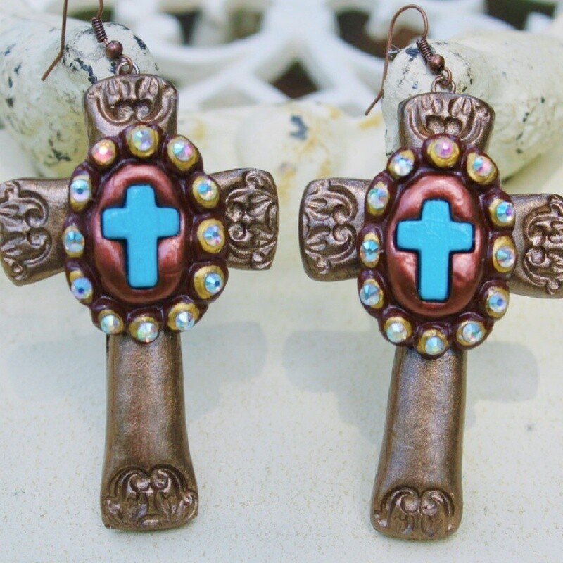 "Grace Abounds Out West" Clay Cross Cabochon Earrings