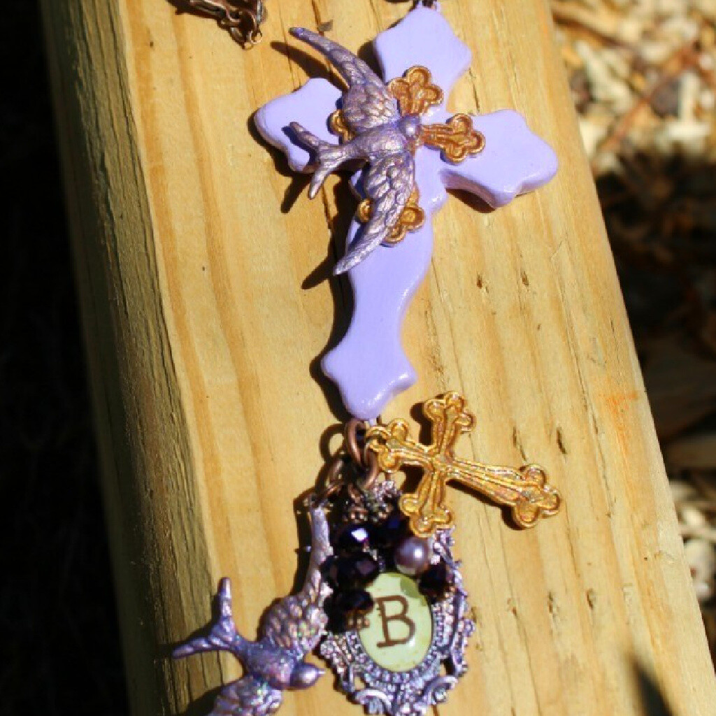 His Purple Reign-Clay Cross and Metal Cross NECKLACE Charms Assemblage Spiritual