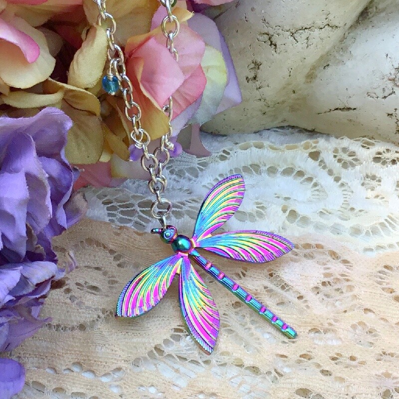 Iridescent Beautiful Dragonfly Necklace