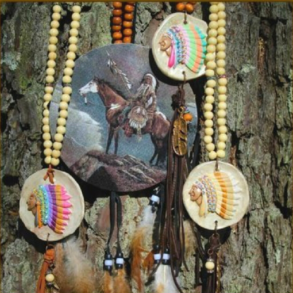 Lone Warrior Necklace-Clay Native American Headdress with leather tassel, hand-painted feather and matching charm on wood bead and bling