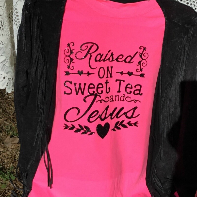 Raised on Sweet Tea and Jesus LONG Sleeve Tee Pink