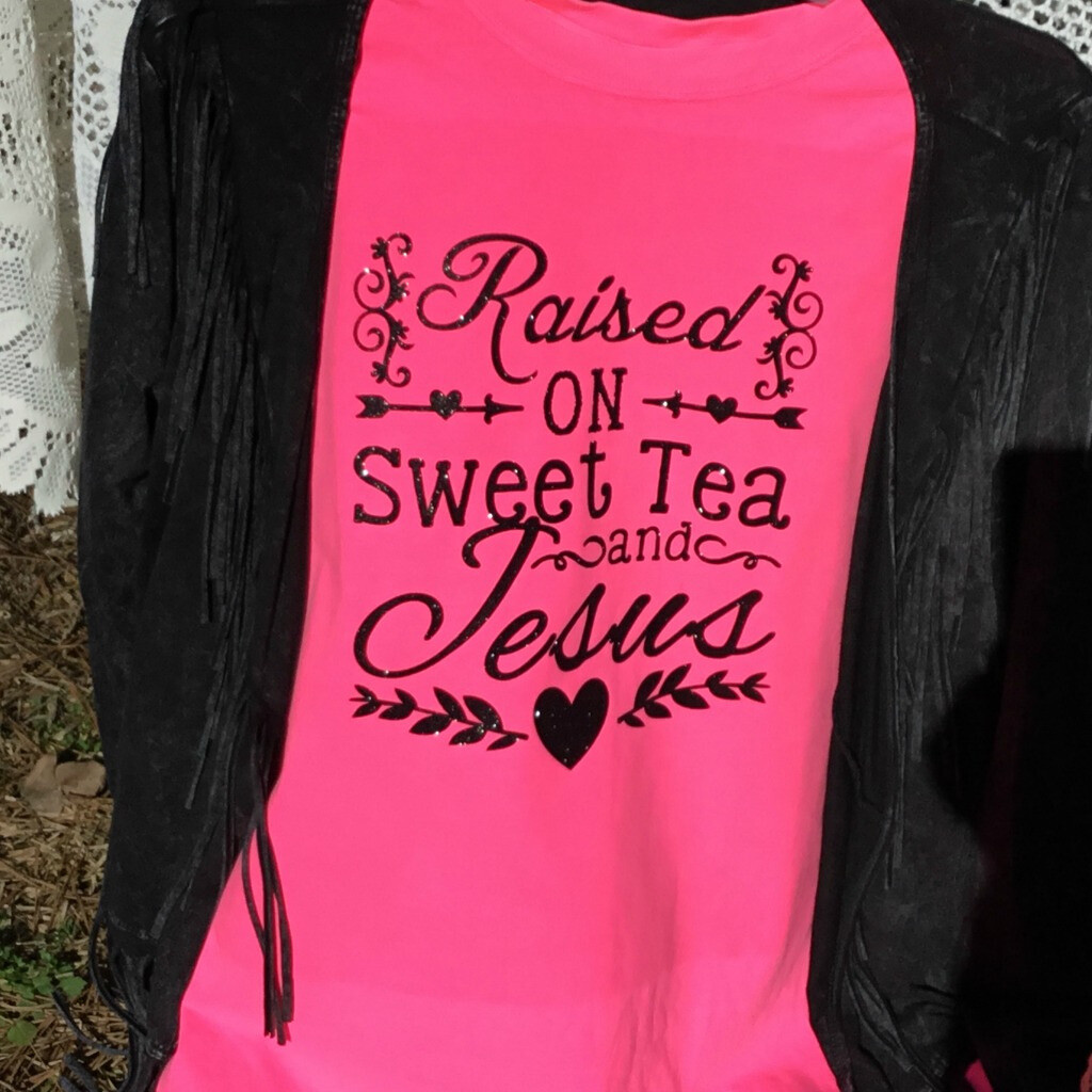 Raised on Sweet Tea and Jesus LONG Sleeve Tee Pink, Size: Small (S)