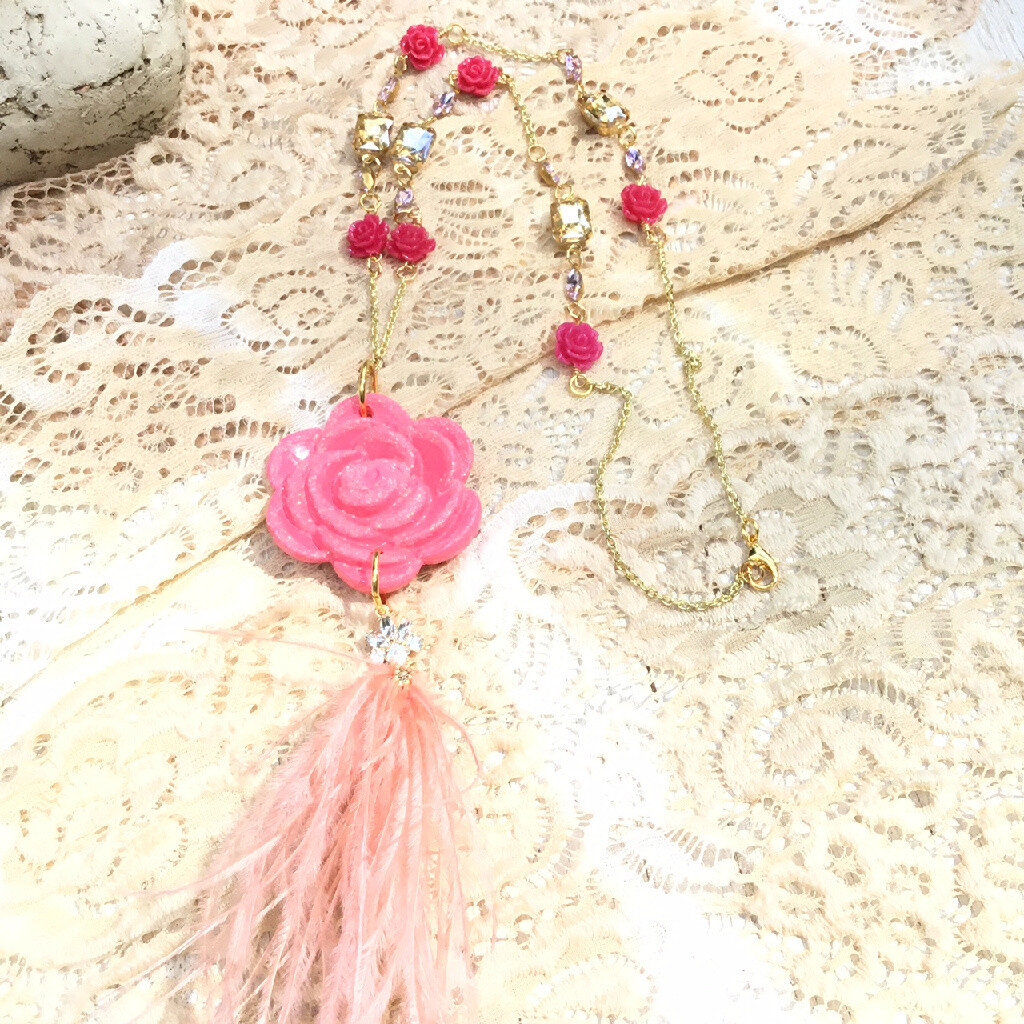 Old World Glamour Rose Necklace Clay Rhinestones Feathers