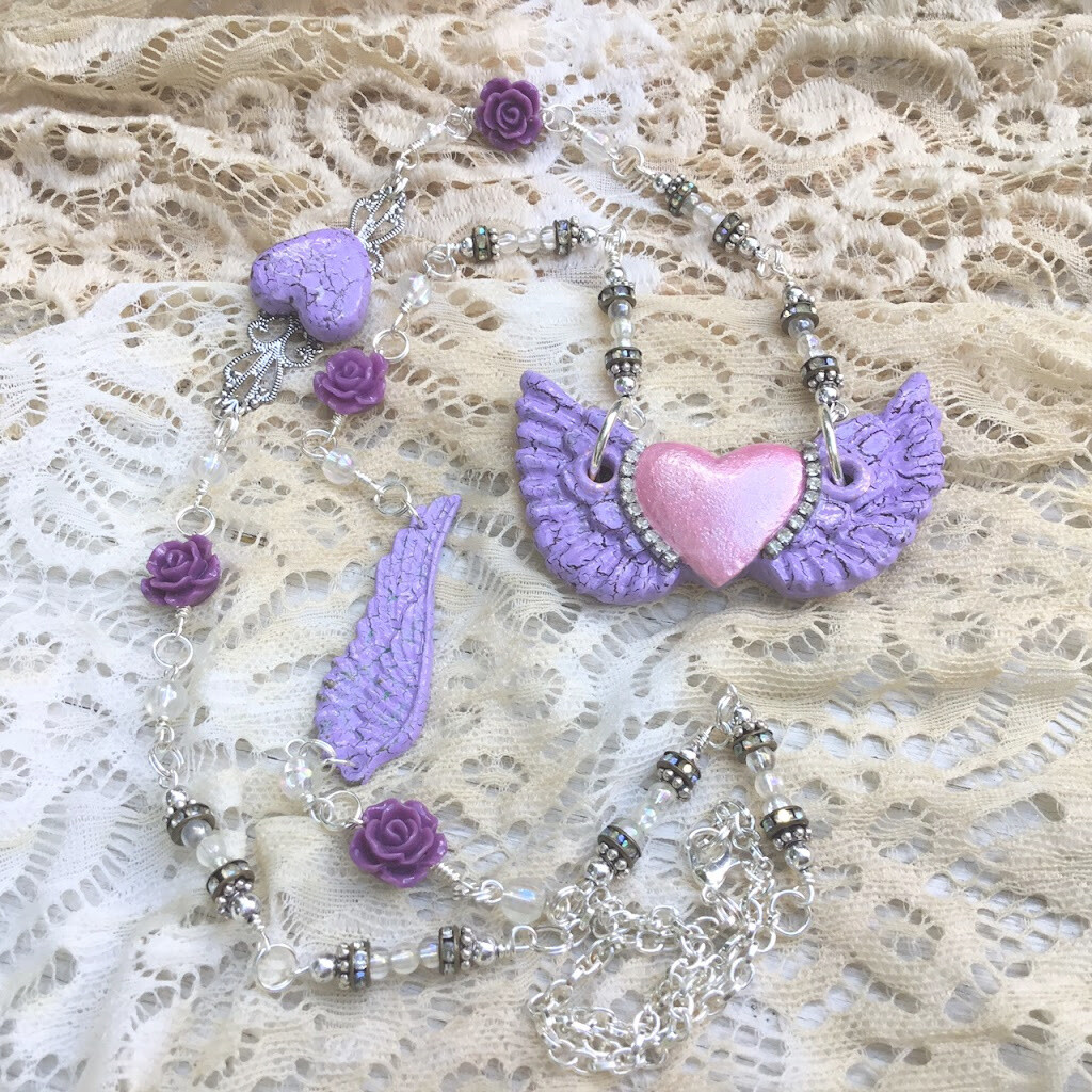 Uplifting Hearts Clay Heart And Wings Necklace, Color: Purple