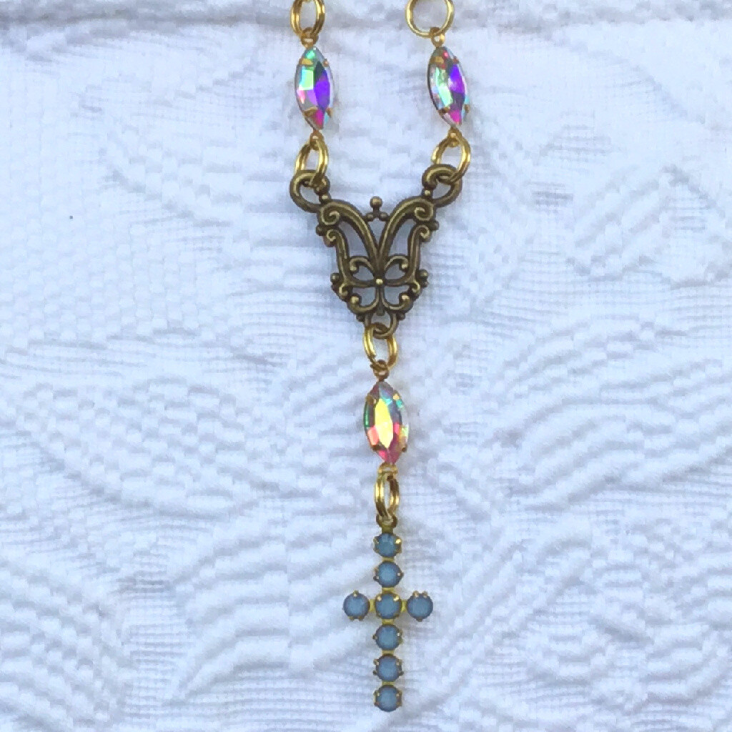 Romantic Vintage Luxurious Blue Opal Cross Necklace