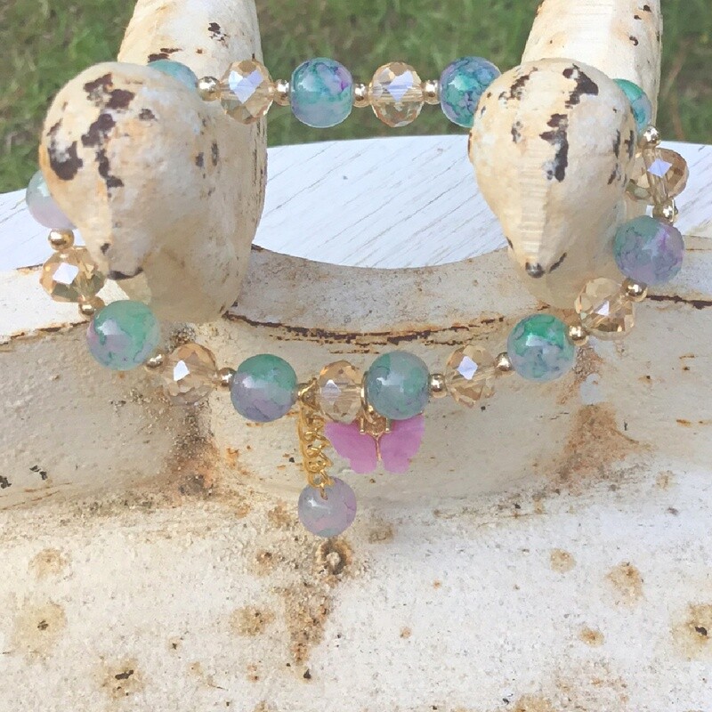 Butterfly Happiness Stretch Rope Bracelet Purple Aqua