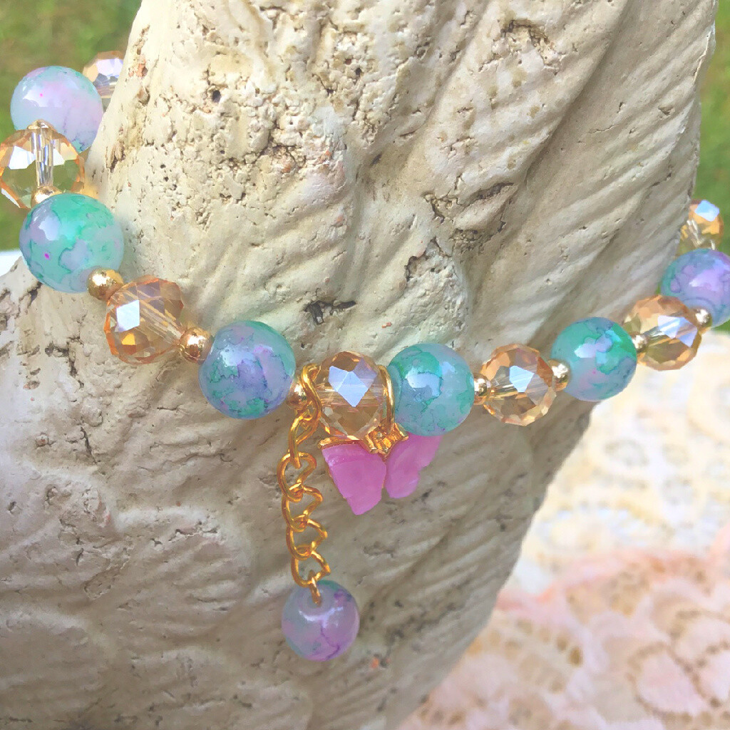 Butterfly Happiness Stretch Rope Bracelet Purple Aqua Crystal Beaded Butterfly Charm