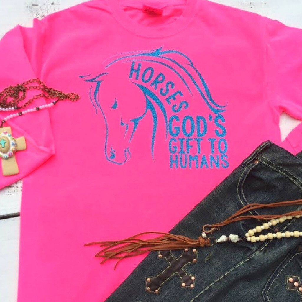 HORSES God's Gift to Humans-long sleeve Comfort Colors Horse Head Tee - NEON PINK with BLACK GLITTER print or TURQUOISE GLITTER print
