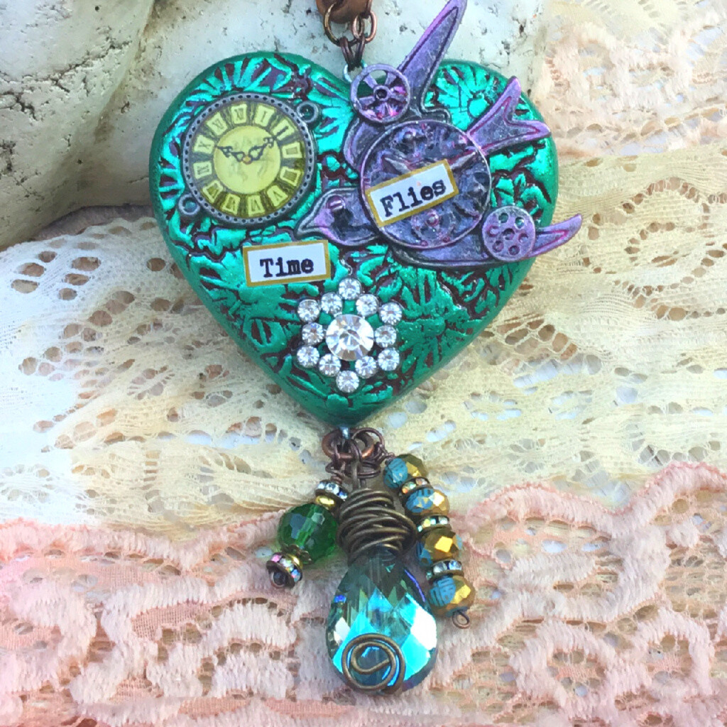 Time Flies clay and metal mixed media heart and bird NECKLACE with 