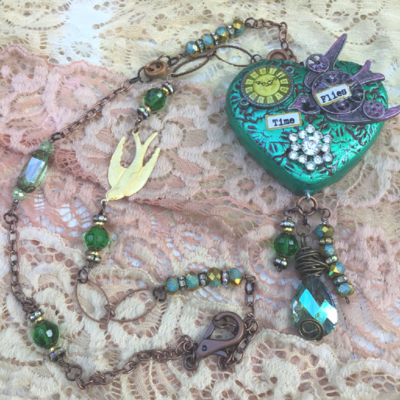 Time Flies Clay Heart Metal Embellished Artisan Necklace