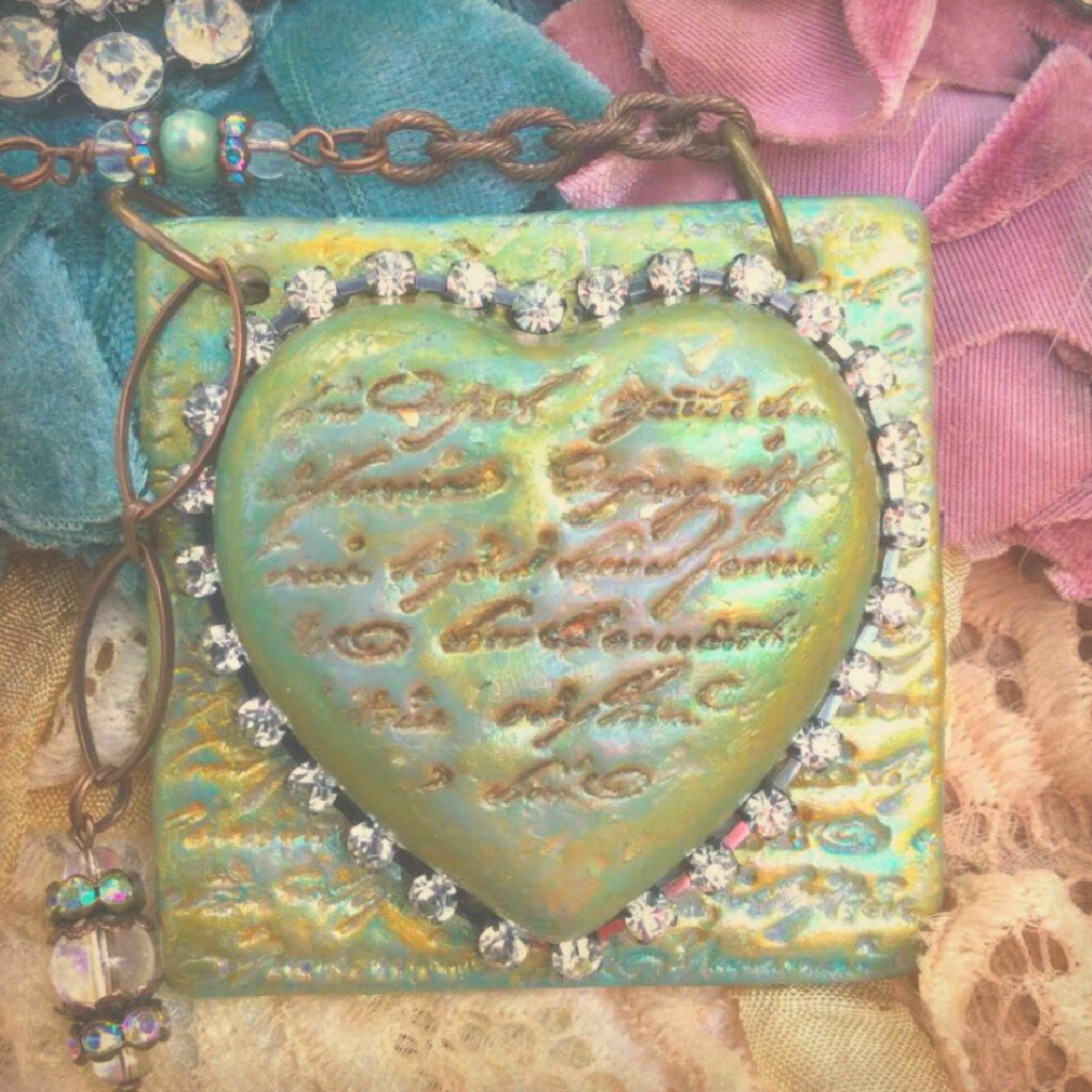 Heartfelt Blessings-Lagoon Blue and Gold Romantic vintage clay heart with faded calligraphy NECKLACE