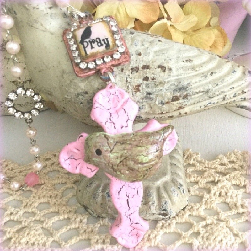 Grandma's Prayers Cross With Sweet Bird, "Pray" Connector-SHABBY PINK