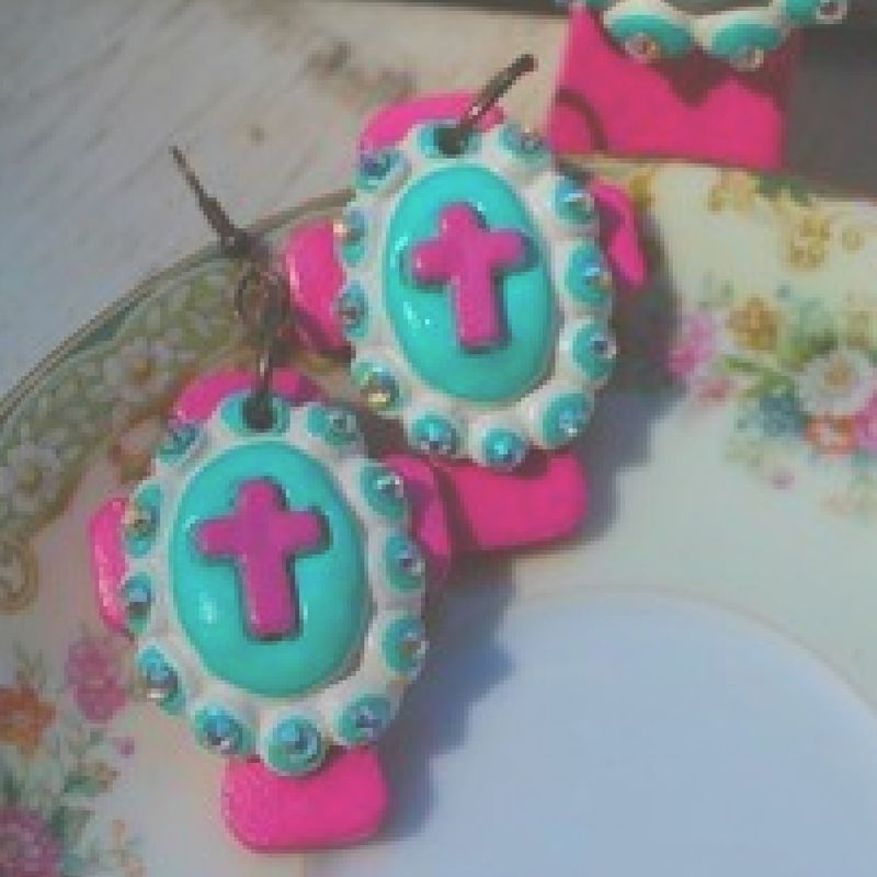 Cherry Blossoms Faith Earrings - Hand-made Clay Cross with cabochon- Proudly Made In Alabama