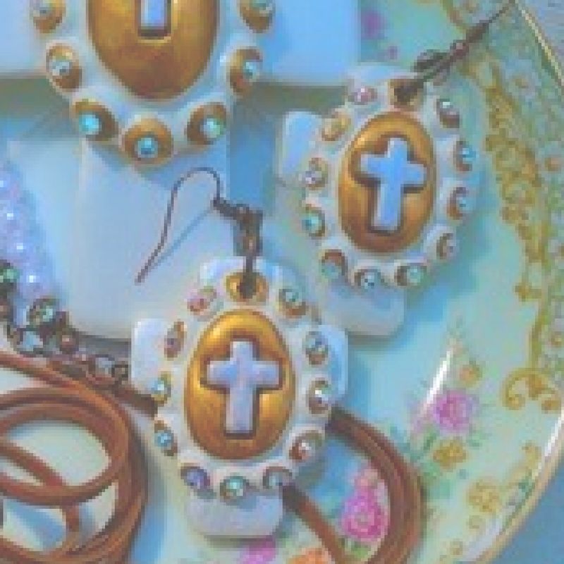 Gates of Pearl Earrings - Hand-made Clay Cross with cabochon- Proudly Made In Alabama