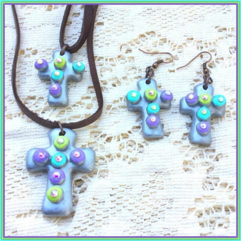 Spring Glory - clay and leather double cross NECKLACE