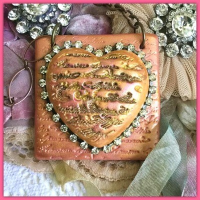 "Heartfelt Blessings" -Romantic, vintage clay heart with faded calligraphy Necklace