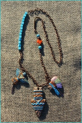 Choctaw Hawk's Blessing - Clay Arrow, Clay Indian Head, Clay Spirit Bird on Antique Copper and Turquoise Chain