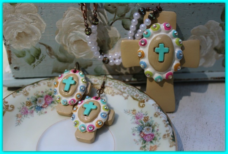 Faith In Spring Earrings - Hand-made Clay Cross with cabochon- Proudly Made In Alabama