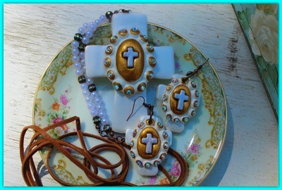 Gates of Pearl Necklace - Hand-made Clay Cross on hand-made pearl, vintage bling and antique copper chain - Proudly Made In Alabama