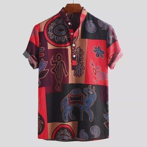 Incerun Mens Vintage Printing Ethnic Short Sleeve Shirt - Red