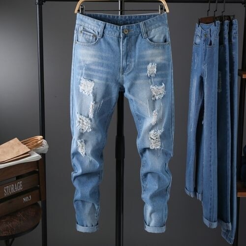 Men Painted Slim Straight Ripped Distressed Stretch Jeans