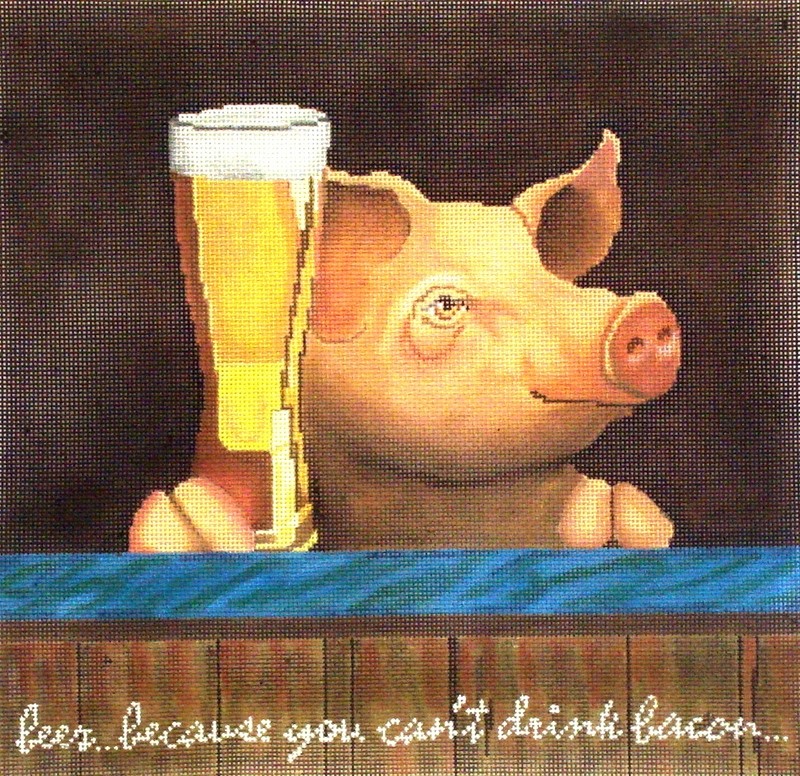 Pig with a Beer   (Handpainted needlepoint canvas by CBK)
