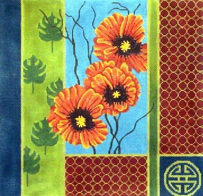 Oriental Palm Leaves & Poppies    (handpainted needlepoint canvas from JP Needlepoint)