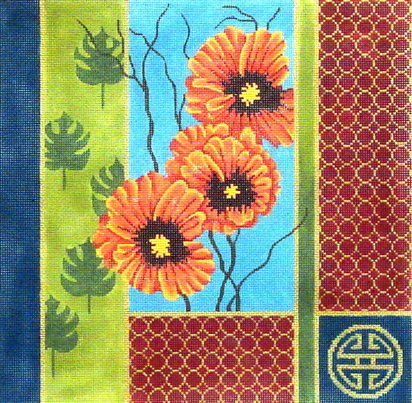 Oriental Palm Leaves and Poppies        handpainted from JP Needlepoint