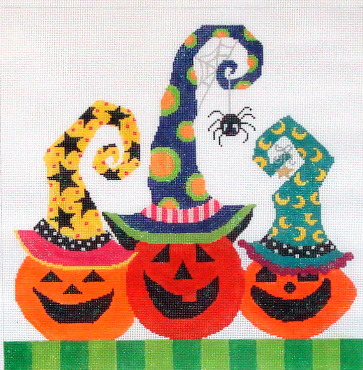 Pumpkin Trio with Spider       hand painted needlepoint canvas from The Meredith Collection*Product may take longer than usual to arrive*