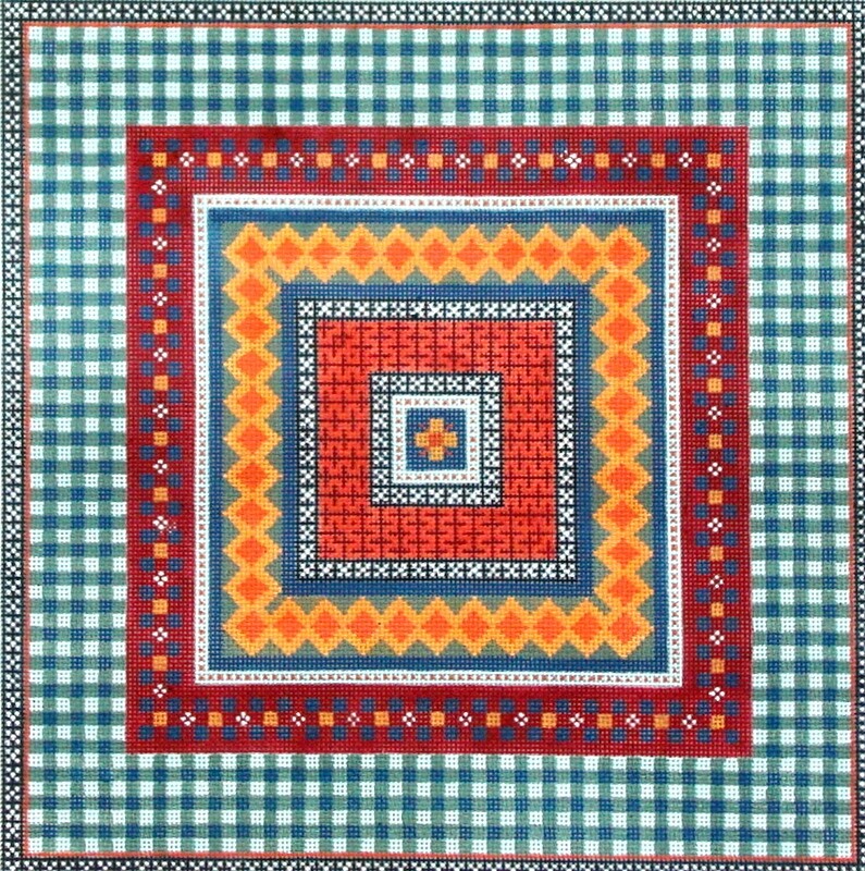 Blue Gingham Geometric  (Handpainted by JP Needlepoint)