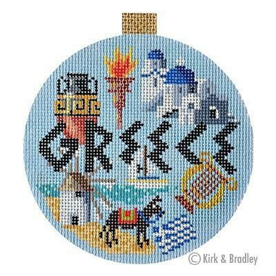 Greece Travel Round Ornament   (Handpainted by Kirk and Bradley)