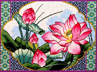 Framed Lotus   (Hand Painted Needlepoint Canvas by Lee)