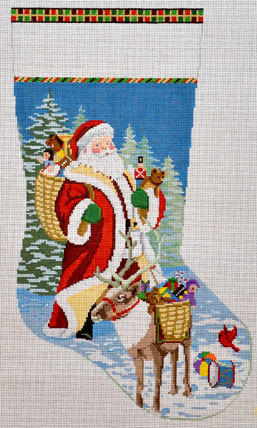 Santa, Reindeer & Toy Basket Stocking  (handpainted by Susan Roberts)*Product may take longer than usual to arrive*