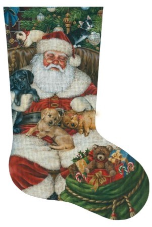 Sleeping Santa with Puppies & Kittens Stocking (Handpainted by Tapestry Tent Designs)*Product may take longer than usual to arrive*