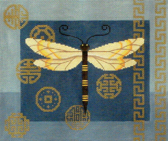 Dragonfly & Coins on Blue (handpainted from JP Needlepoint Designs)