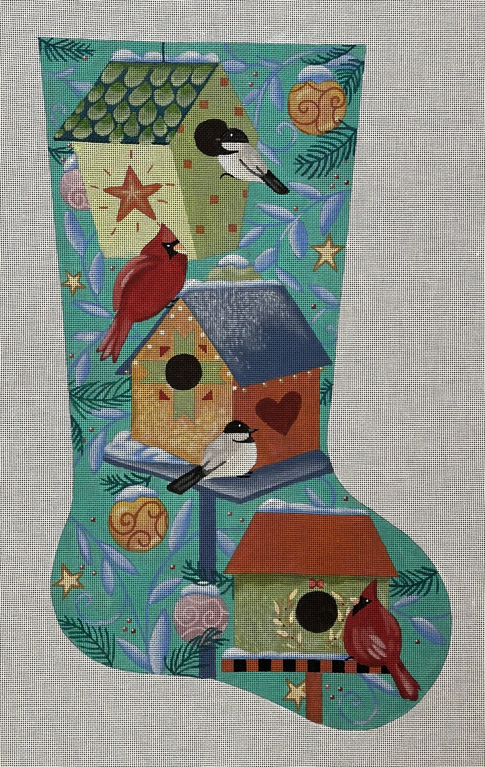 Winter Bird Houses Stocking ( Handpainted by Susan Roberts)