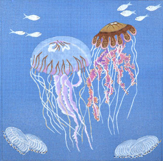Jelly Fish on Blue Canvas  (Handpainted by Dede's Needleworks)*Product may take longer than usual to arrive*