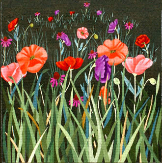 Red Poppy Meadow on Green  (Handpainted by Dede's Needleworks)