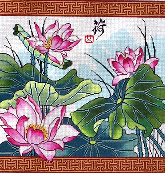 Lotus with Border (Hand Painted Needlepoint Canvas by Lee)