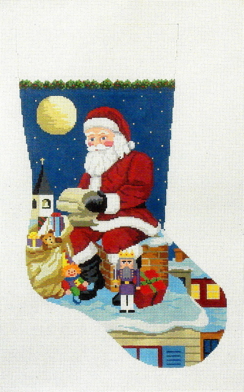 Santa Reading List On Chimney Stocking   (Handpainted by Susan Roberts)