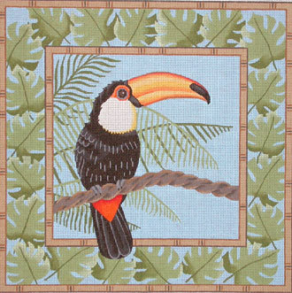 Red McCaw in Palm Leaves      (JP Needlepoint Designs)