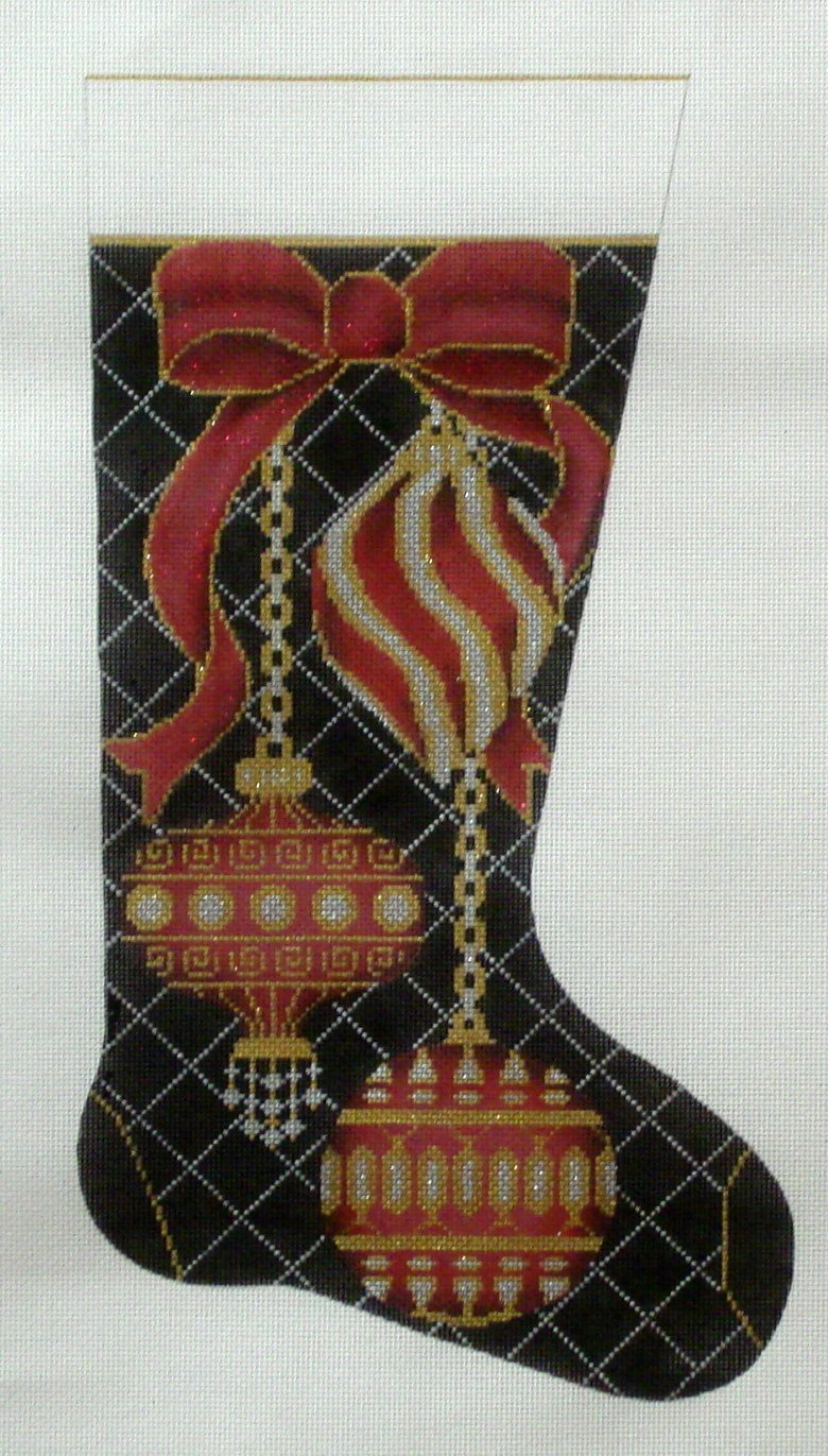Burgundy Ornaments Christmas Stocking (Handpainted needlepoint canvas by Alice Peterson Company)