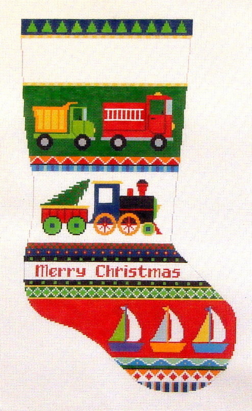 Trucks, Trains & Boats Stocking (Hand Painted Canvas by Susan Roberts) Trucks, Trains & Boats Stocking (Hand Painted Canvas by Susan Roberts)