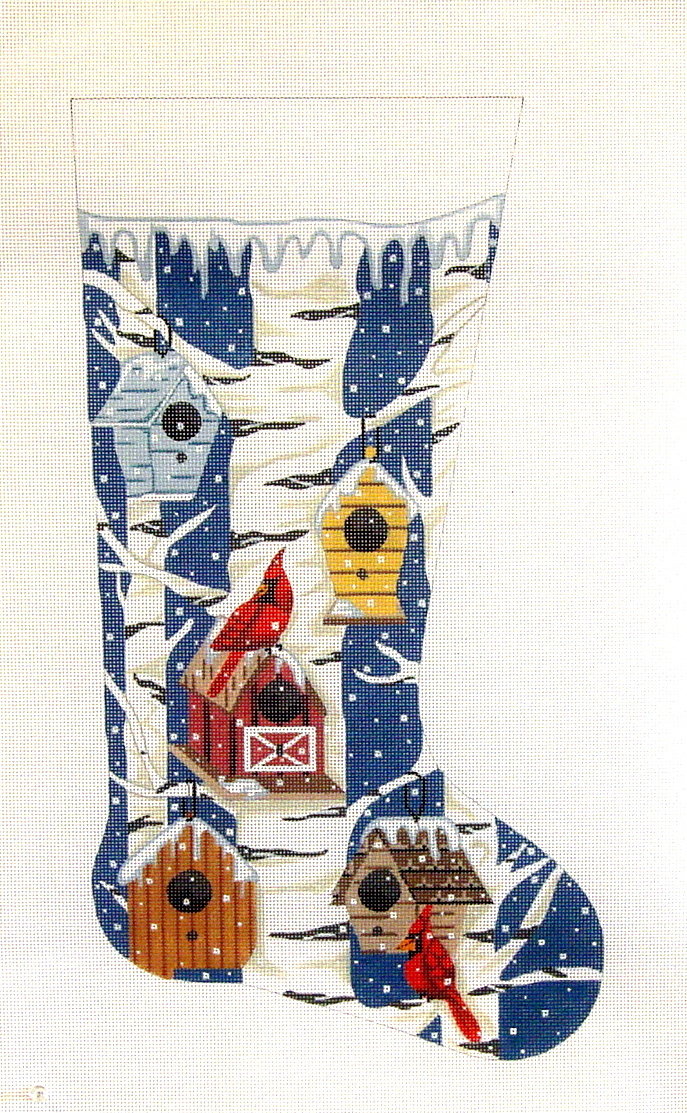 Cardinal and Bird Houses    (handpainted needlepoint canvas by Alice Peterson)