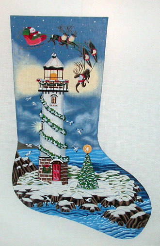 Santa and Lighthouse Stocking    (handpainted by Liz-Goodrick-Dillon)